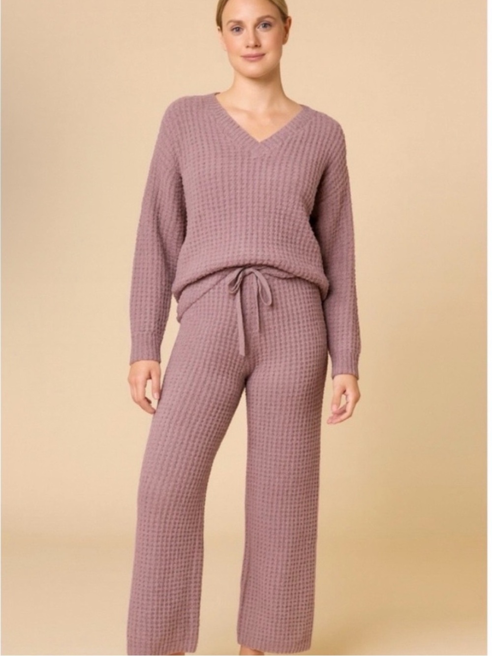 Softies Waffle Marshmallow V-Neck Lounge Set - Driftwood